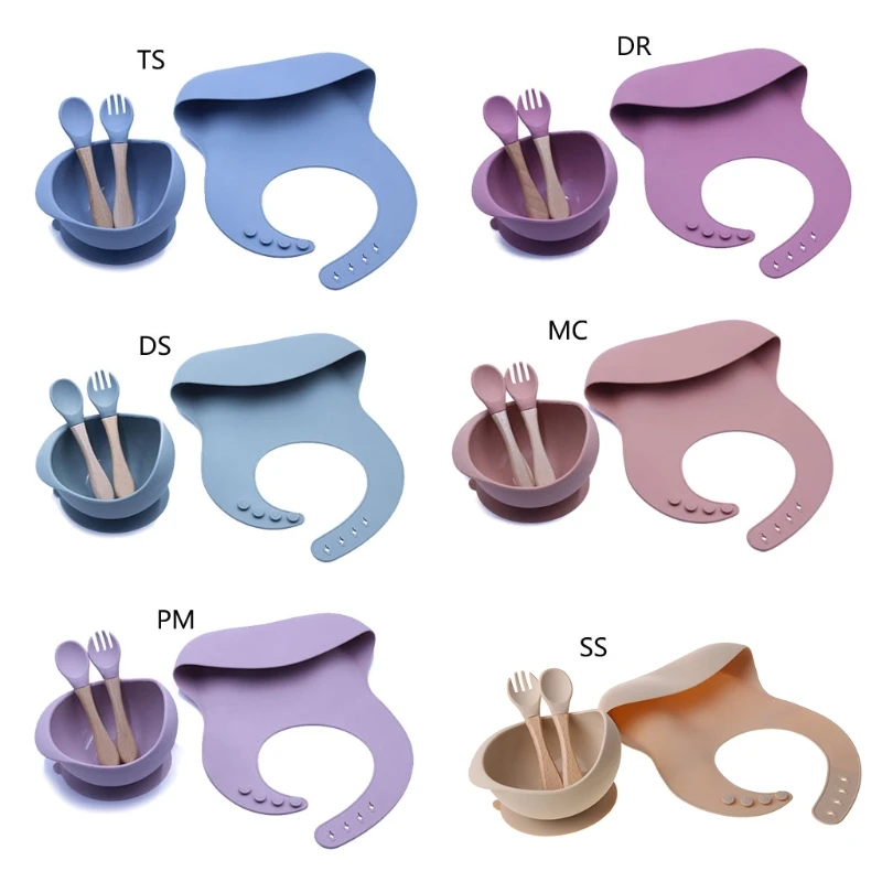 

New Colors Feeding Set Food Grade Silicone Waterproof Bibs Baby Non-silp Suction Bowl Kids Tableware BPA Free Spoon Fork
