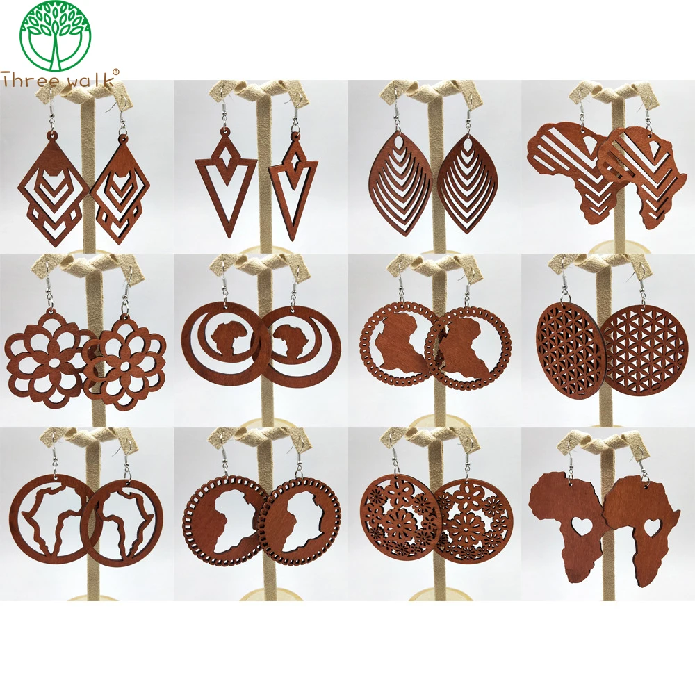 

Laser Cut Coffee Colored Geometric Africa Wooden Earrings For Women Fashion Jewelry Wholesale