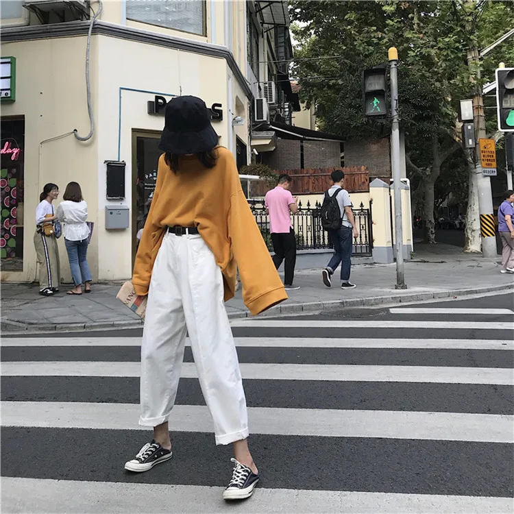 Джинсы женские Kawaii милые универсальные простые Harajuku уличная мода повседневные с высокой талией свободные джинсовые женские брюки шикарные