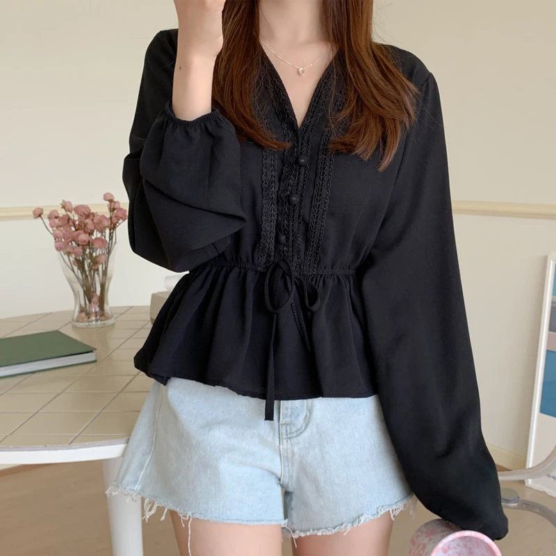 Белые блузки с лентами Женская повседневная одежда 2021 осенняя кружевная рубашка