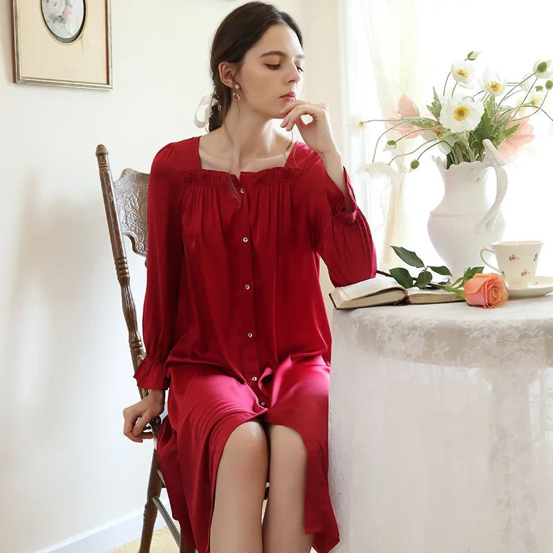 

Весна-осень, сексуальные ночные рубашки, ночная сорочка с длинным рукавом, шелковая пижама в дворцовом стиле, Женская длинная ночная рубашк...