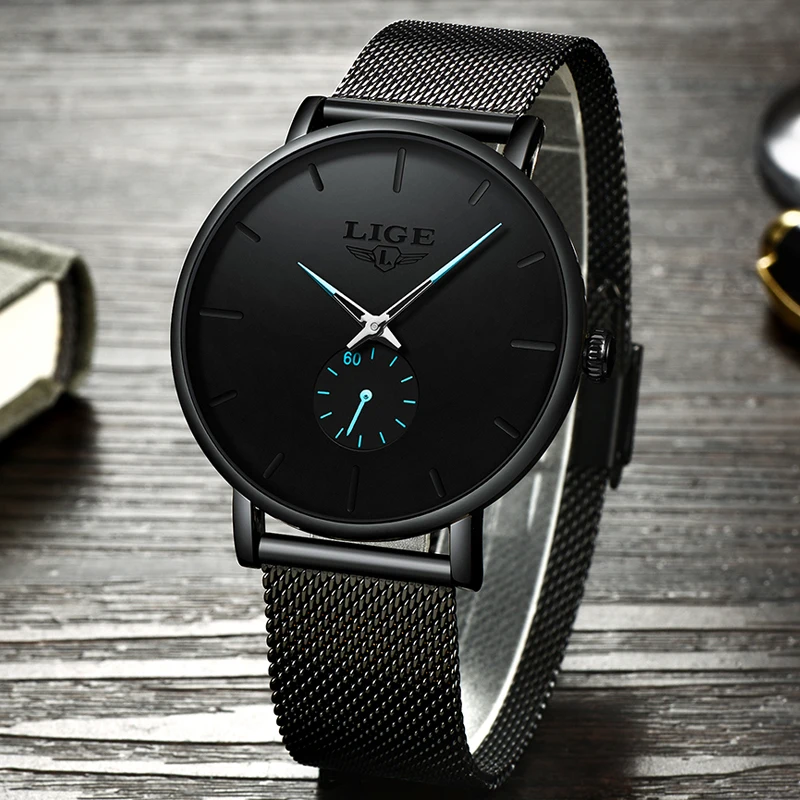 Часы lige мужские топ брендовые Роскошные модные ультратонкие сетчатые кварцевые
