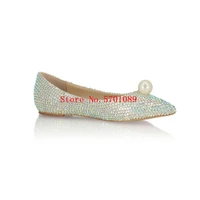 new colorful rhinestone pointed toe pearl shoes lady bride bridesmaid princess fashion flat shoes crystal diamonds slip on shoes