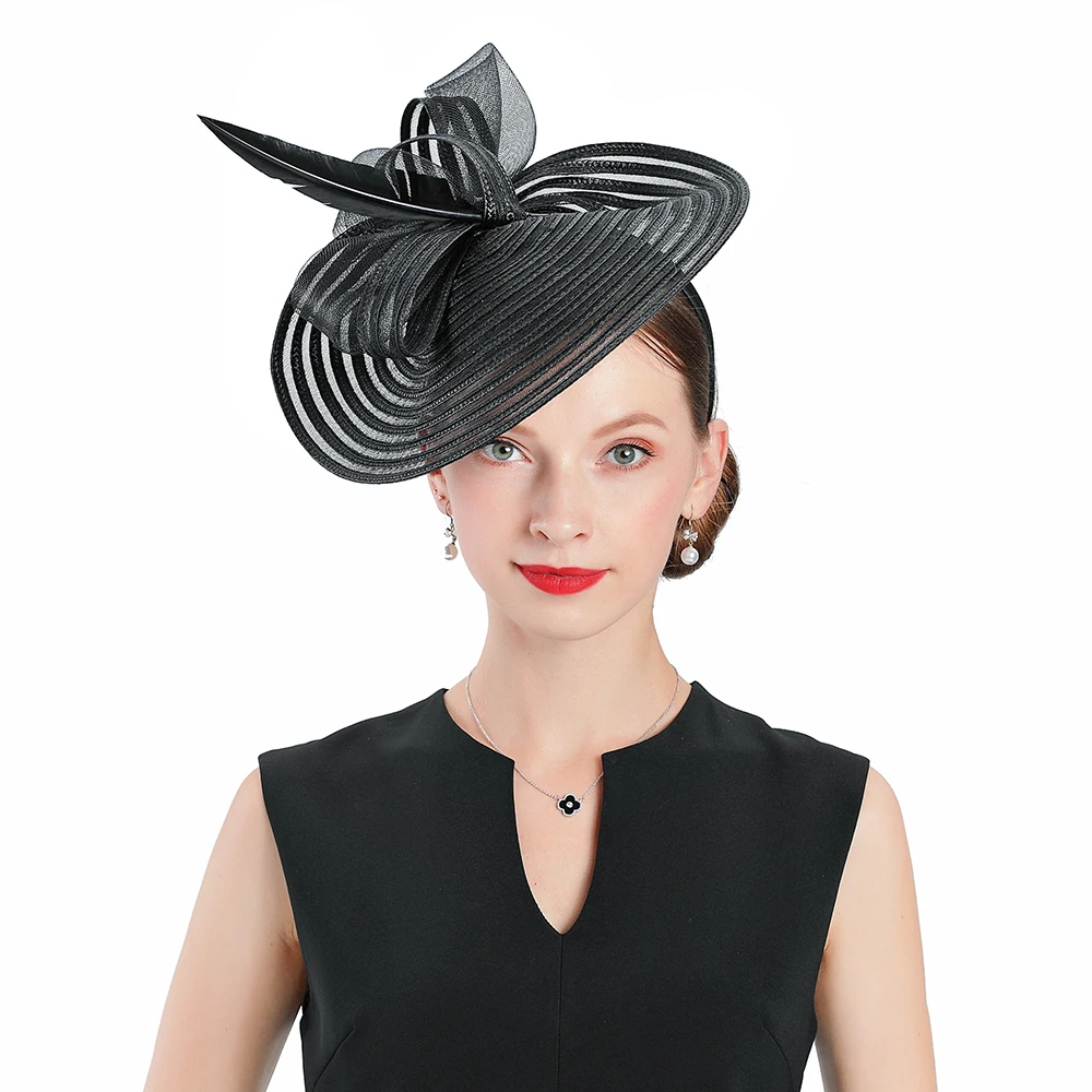 

Шляпка Свадебная женская с бантом, элегантная фетровая шляпка для церкви и торжественных случаев, черная, с перьями, для коктейля, чая, вечер...