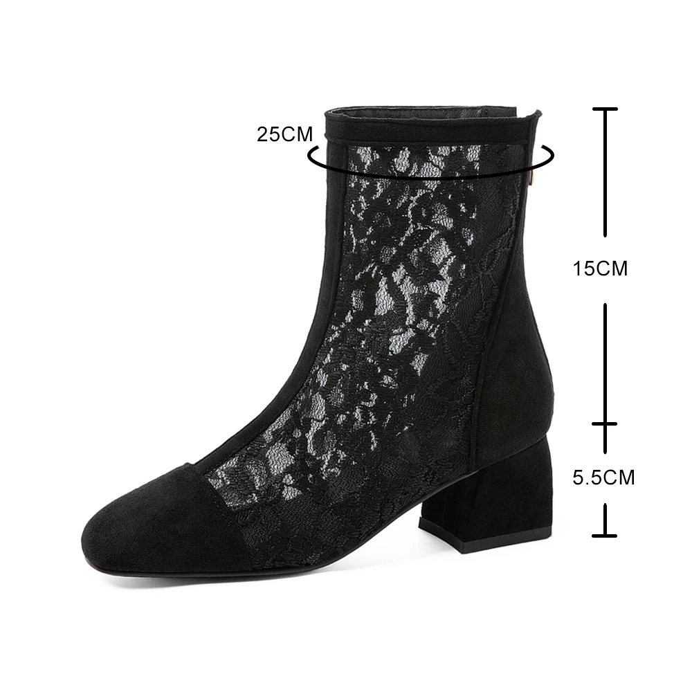 

Black Lace Mesh Women's Boots Fashion Round Toe High Heels Sexy Women Zip Ankle Boots Female Summer Sandals Bottes Big Size 41