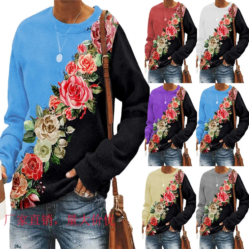 

Fashion Loose Flower Print T Shirt Women Round Neck Long-sleeve Sweatershirt Vintage Casual Ladies Pullover Female Tops Hot Sale