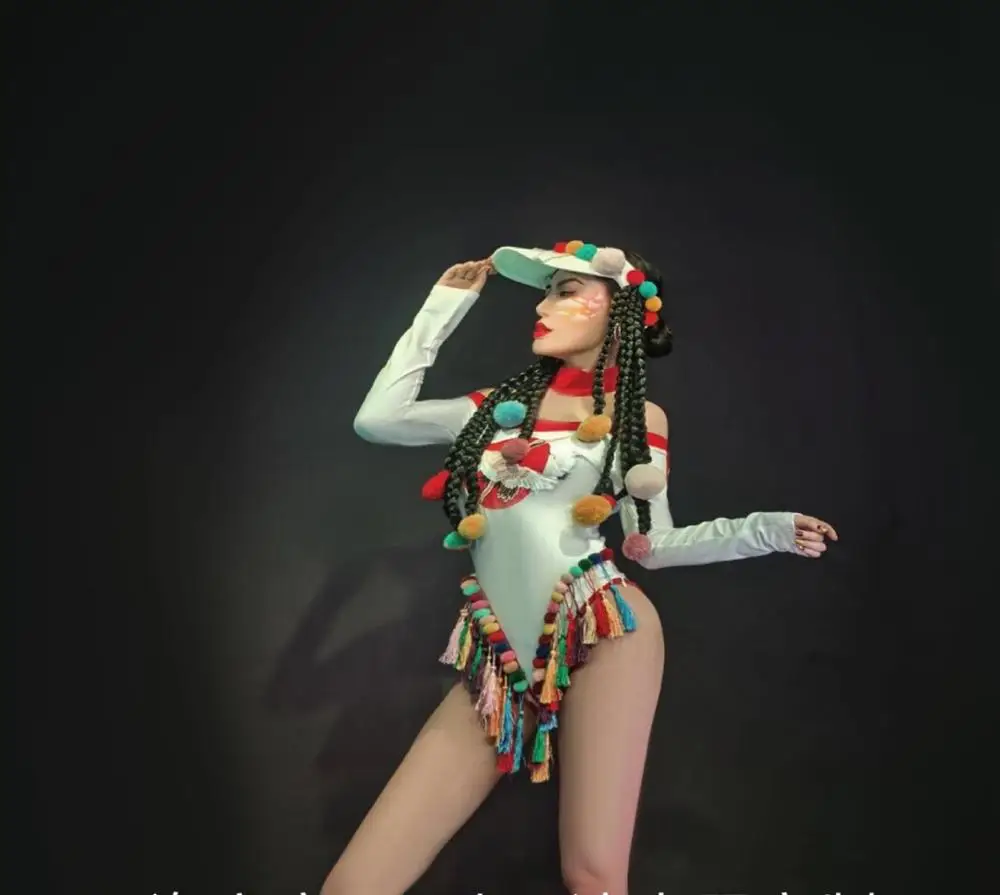 Colorful Tassel Bodysuit Long Sleeve One Piece Women Hip Hop Jazz Stage Costume DJ Singer Dance Team Nightclub Performance Wear