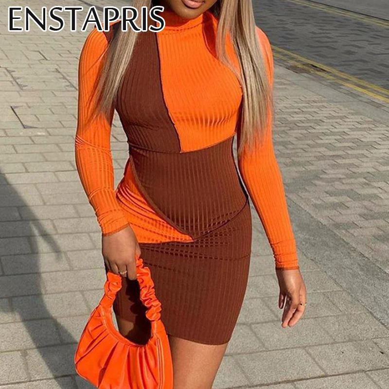 

Autumn Long Sleeve Patchwork Knitted Dress Women Fashion Robe Femme Sleeveless Y2K Bodycon Mini Dresses Half High Collar