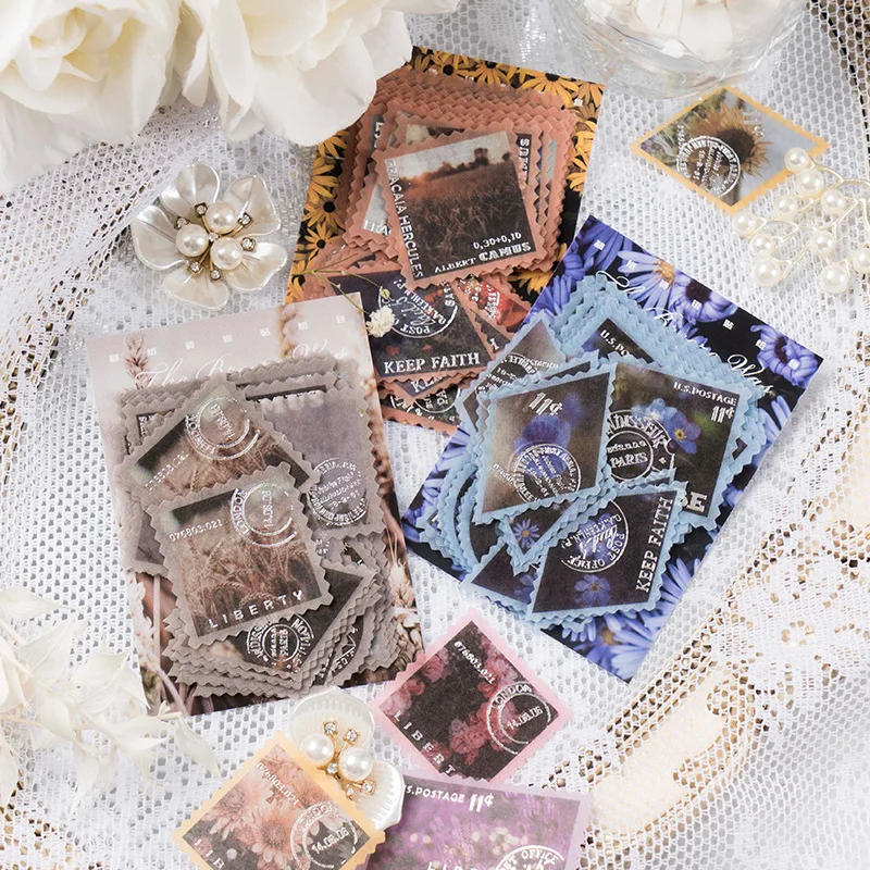

45 PCS Vintage Washi Paper Silver Foil Gentle Breeze Flowers Stamp Decorative Stickers for Scrapbook DIY Card Making Craft