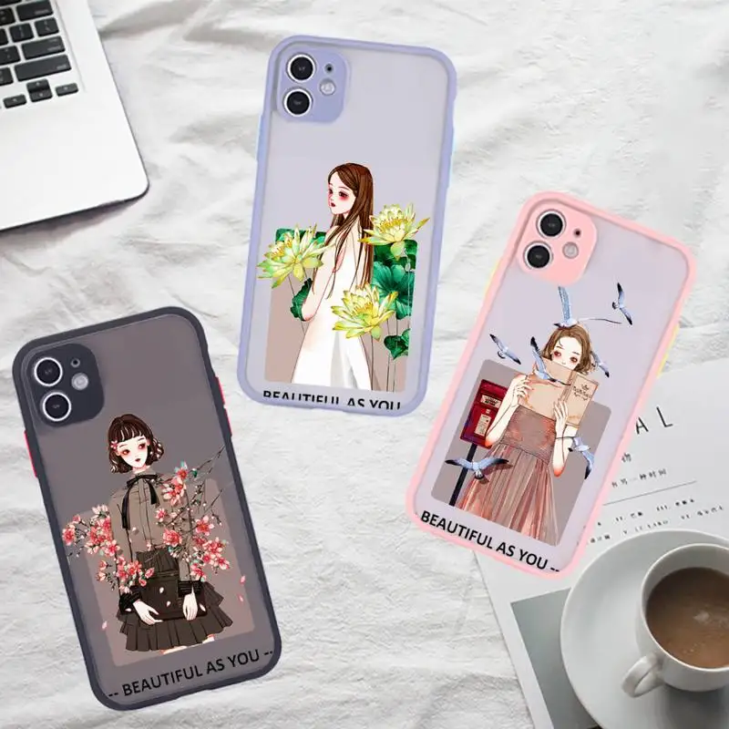 

Sexy trend flowers girl Phone Case For iPhone 12 11 Mini Pro XR XS Max 7 8 Plus X Matte transparent Gray Back Cover