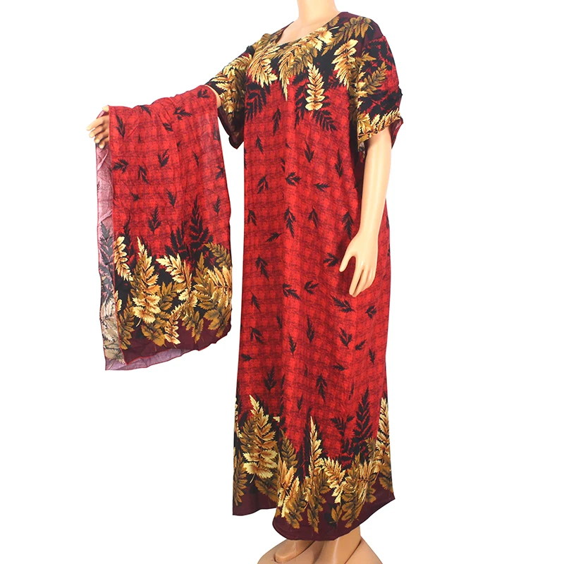 

2020 Spring Summer Fashion African Dresses For Women Modern Red 100% Cotton Leaf Print Short Sleeve O-Neck Mama Maxi Dress