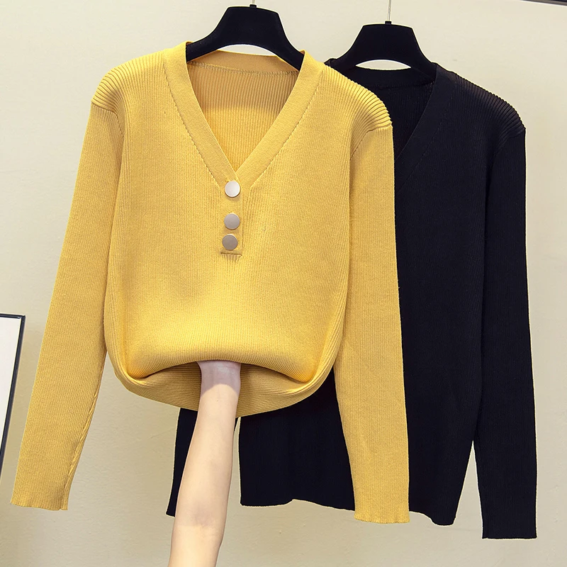 

Button V Neck Sweater Women Knitted Pullover 2021 Spring Autumn Basic loose Lady Sweaters Knit Jumper Korean Chic Tops
