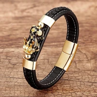 fashion woven single layer discoloration pixiu metal leather cord bracelet buckle head stainless steel magnetic bangle jewelry