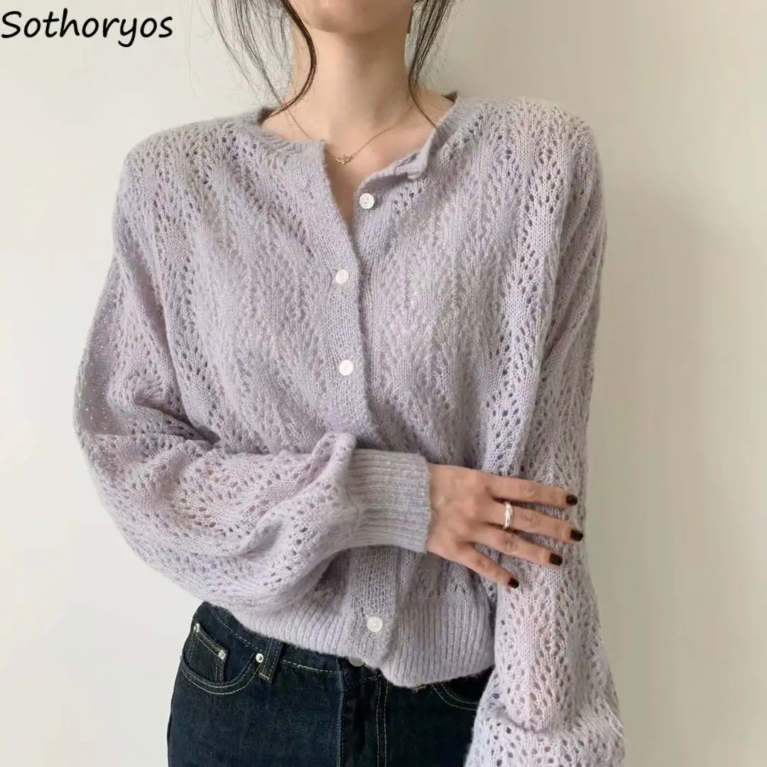 

Cardigans Women Solid Hollow Out Gentle Elegant Retro Loose Ulzzang Lovely Knitted Sweet All-match Streetwear Leisure Sweaters