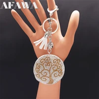 crystal tree of life keychain silver color big round tassel bag accessories womenmen jewelry porta chaves mulher kxhk29s01