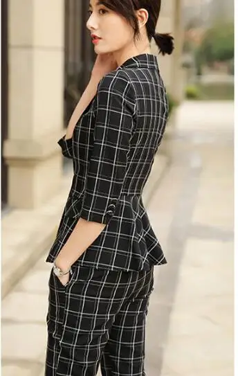 

Office Lady Plaid Double Breaseted Work Pant Suits Notched Collar Blazers and Pants Women Autumn Two Piece Suits
