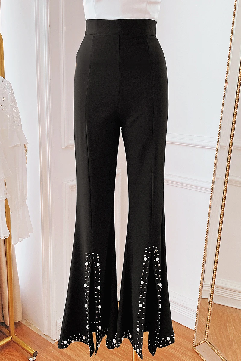

Elegant Draped Pants for Women 2021 Summer Socialite Beaded Bell-Bottom Pants High Waist Slimming Bootcut Trousers All-match