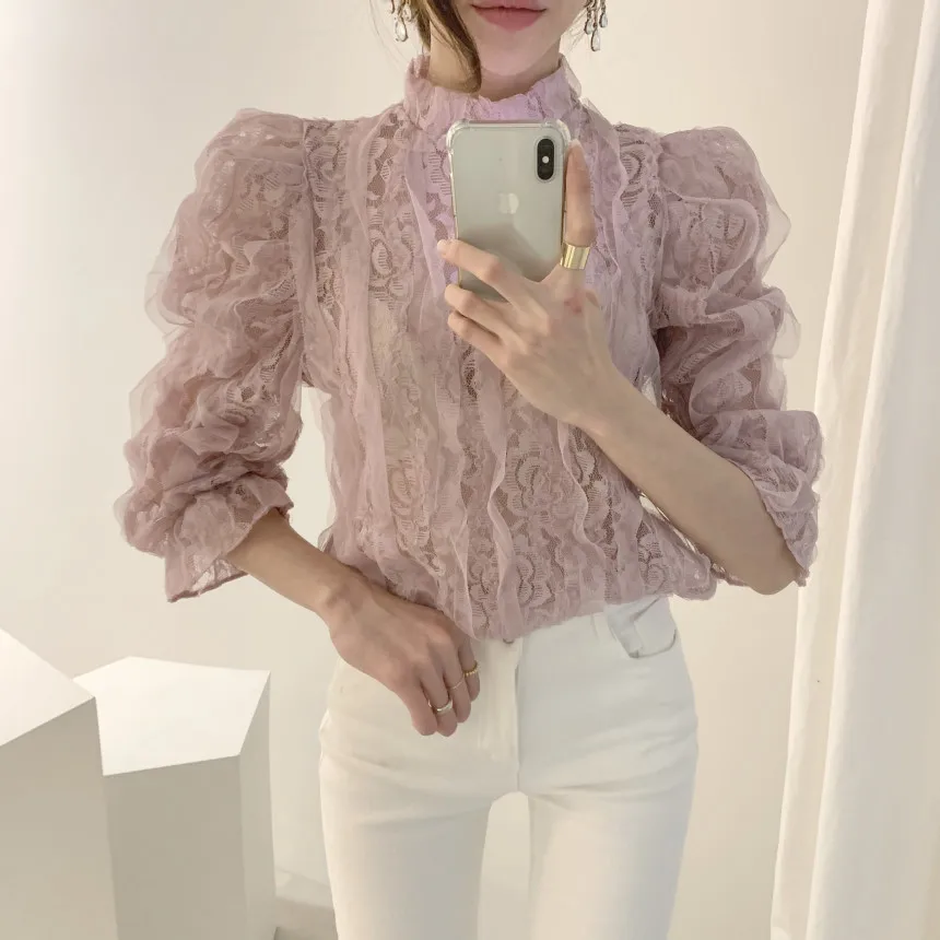 

COIGARSAM Lace blouse women Puff Sleeve Stand Neck Mesh blusas womens tops and blouses Apricot White Pale Pinkish Grey 6891