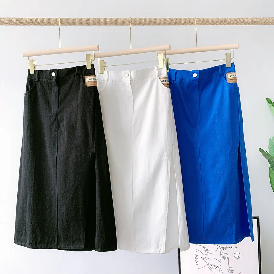 

GTGYFF Korean Style Elastic Midi Skirts For Women High Waist Casual Women's Skirt Solid Blue Black White Summer Femme Faldas