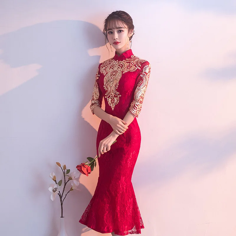2020 Акция тост невеста новый маленький Cheongsam рыбий хвост тонкий Свадьба Помолвка