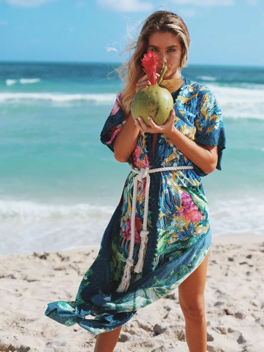 Кимоно из пеньковой веревки с принтом аквариума и рыбок Пляжная накидка бохо