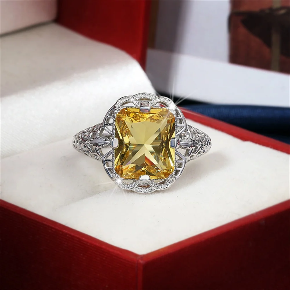 

Women Ring Silver Plated Hollow Yellow Rhinestone Rings Banquet Wedding Couple Ring Fasion Jewelry Give Girlfriend Birthday Gift