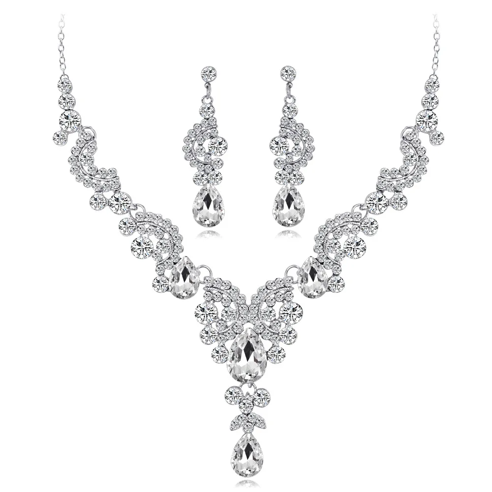 

Newly Design Wedding Jewelry Sets Six color Austrian Crystal Bridal Floral Wave Teardrop Necklace and Earrings Set