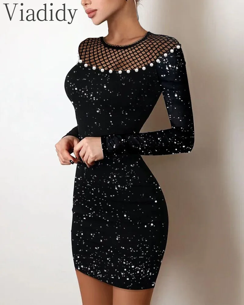 

Women Sexy Beaded Design Glitter Fishnet Patchwork Long Sleeve Bodycon Dress