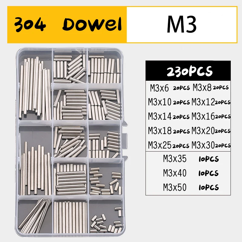 

100-300Pcs Dowel Pin 304 Stainless Steel Cylindrical Pin Locating Pin Shelf Support Pin Fasten Elements Assortment Kit M1 to M6