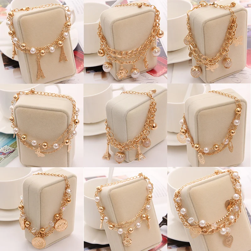 

Fashion Round Pearl Metal Beads Gold Plated Bracelet for Women 3 In 1 Geometric Owl Butterfly Bracelets Bangles Tassel Jewelry