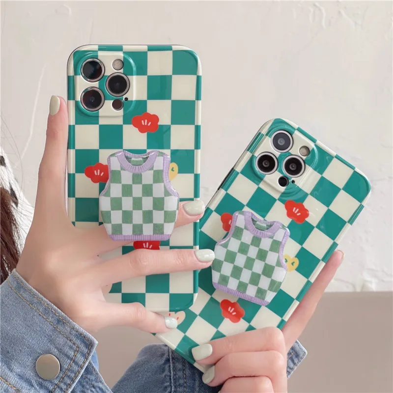 

Green Chessboard Phone Case for iPhone 11 12 13 13pro XS MAX 8 7 Plus X XR Cute sweater Stand Holder Soft IMD Silicon Back Cover