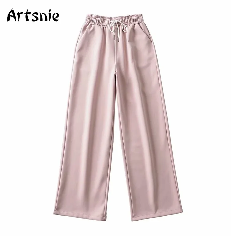 

Artsnie Summer 2021 Wide Leg Pants Women High Waist Pink Casual Trousers Streetwear Knitted Ladies Long Pants Sweatpants Femme