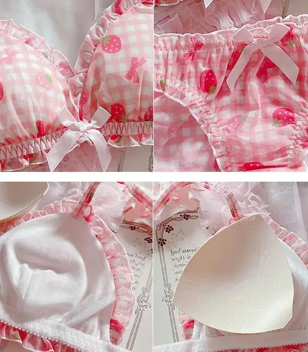 Japanese fairy cute girl Sexy Chiffon ear fungus strawberry lattice thin no steel bra underwear women dessous bra and panty set