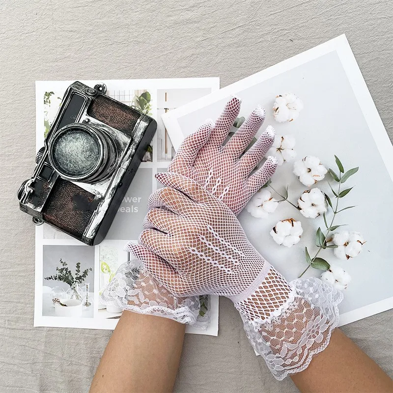 Women Black White Summer Uv-proof Driving Gloves Mesh Fishnet Gloves Lace Mittens Full Finger Girls Lace Fashion Gloves images - 6