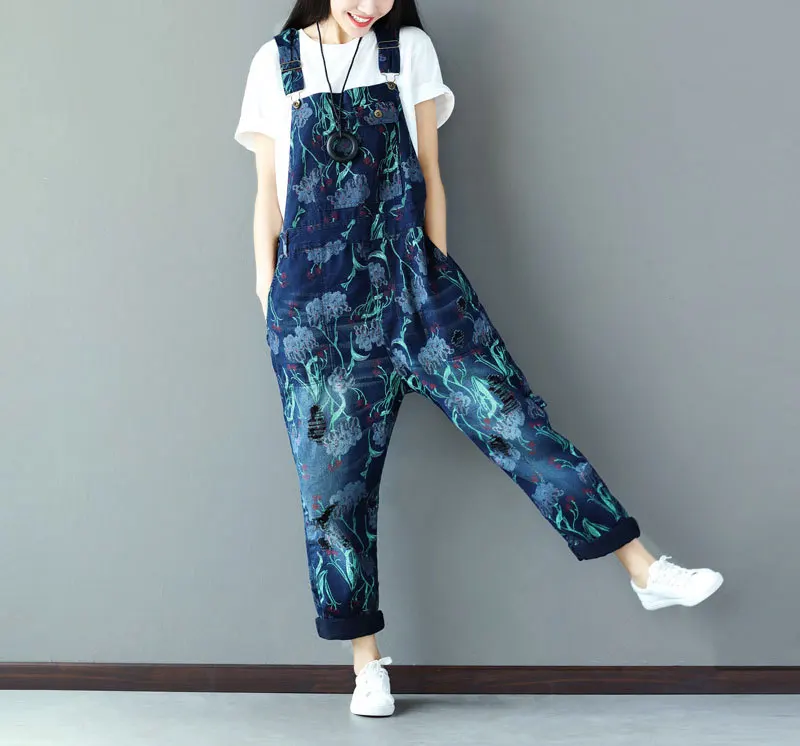 Wide Leg Bib Denim Overalls 2020 Women Vintage Printed Flower Big Pocket Jean Jumpsuit Female Oversize Drop Crotch Rompers | Женская