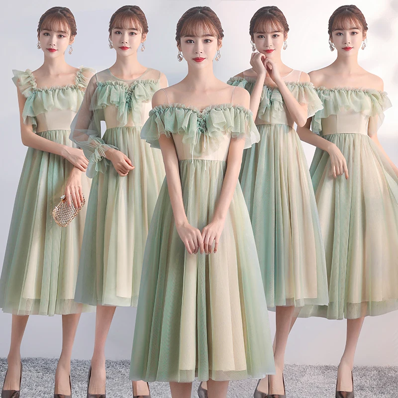 Зеленое платье подружки невесты длиной ниже колена элегантное для Azul Marino