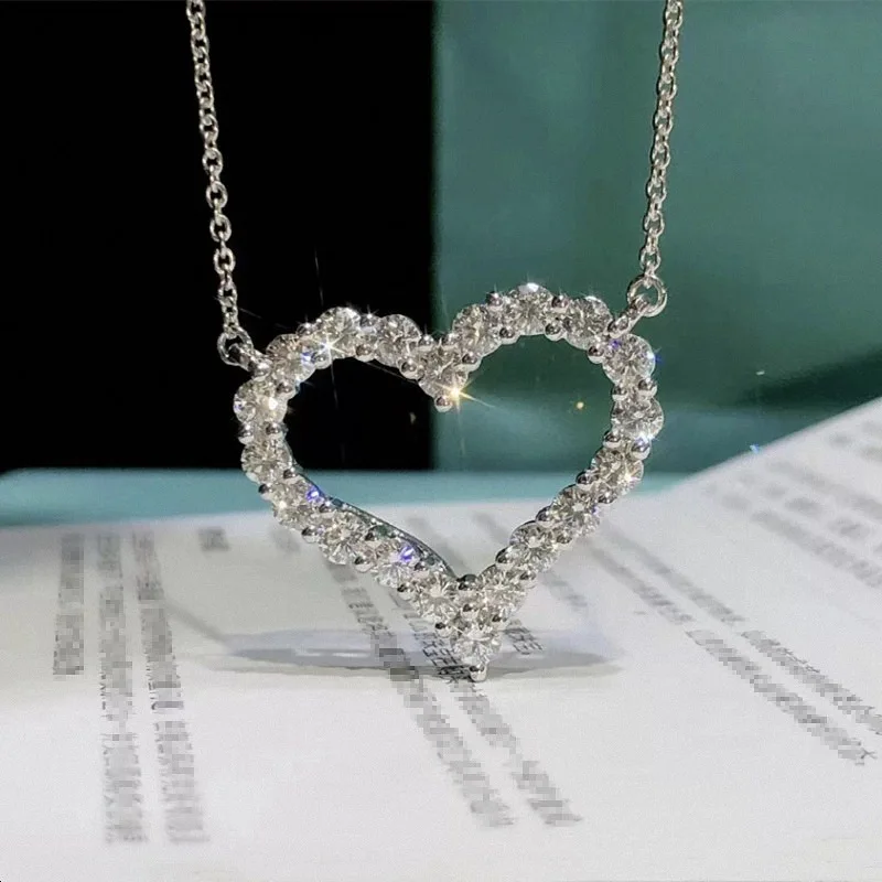 High Quality Luxury Brand s925 Silver Necklace Hollow Heart Shape Full Clavicle Chain Pendant