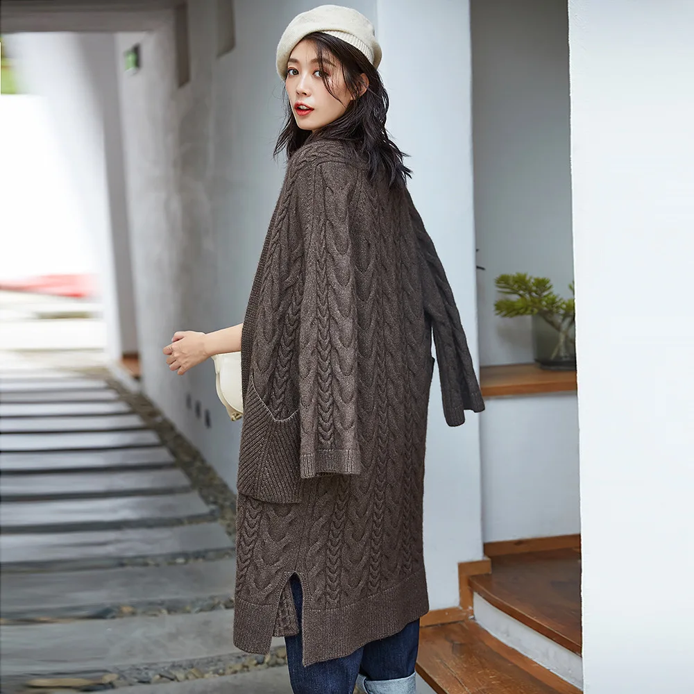 Pull femme nouveaute2019осенне-зимний женский свободный джемпер большого размера, толстый теплый вязаный кардиган, скрученный кашемировый длинный свитер из яка