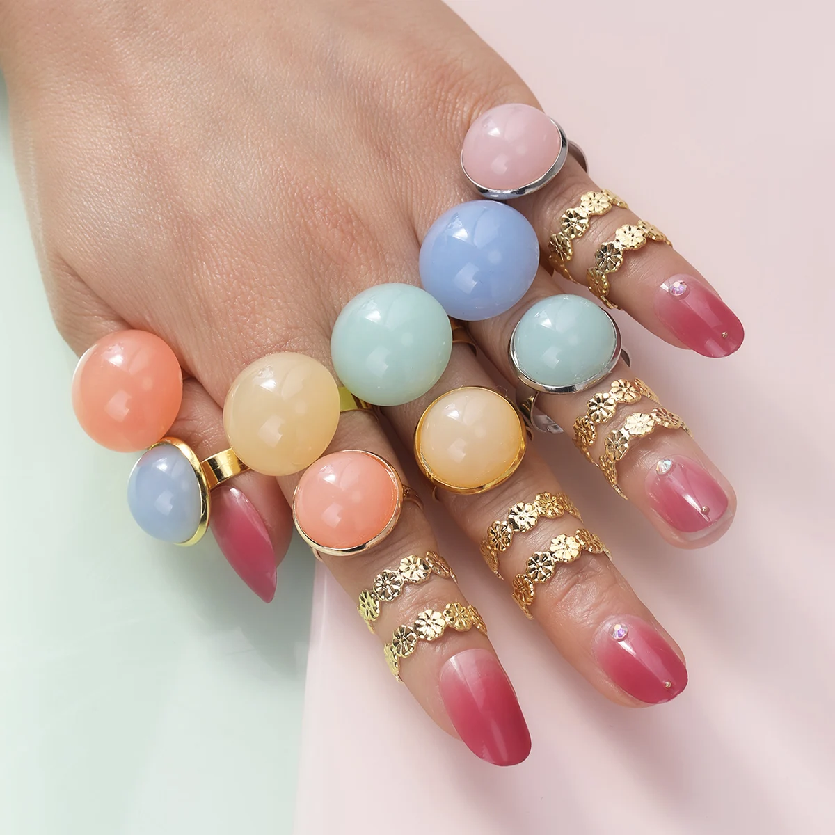 

Bohemian Geometric Ring Metal Beaded Ring Set Female Personality Retro 2021 Fashion Simple Lady Jade Jewelry Jewelry Gift