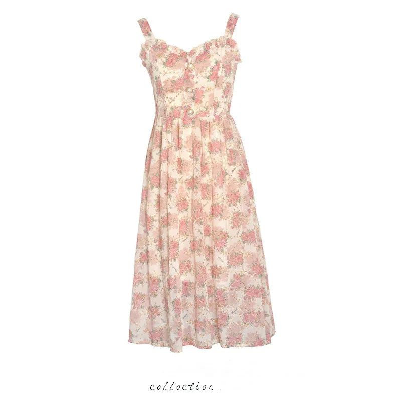 

2021 spring and summer new French retro gentle chiffon skirt floral suspenders fashion elegant dress women