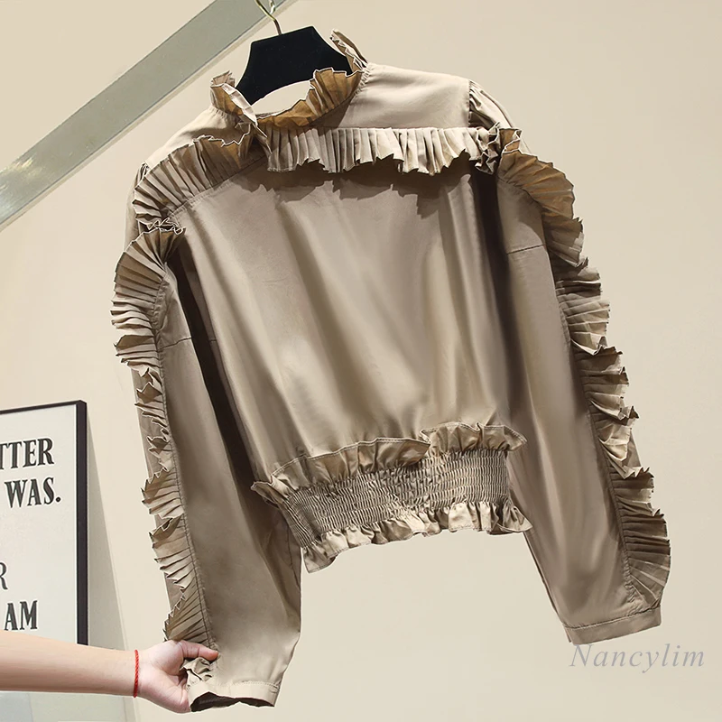 

Fold Ruffled Blouse for Woman Solid Color Stand Collar Long Sleeve Shirts Women's Crop Top Blusas Mujer Khaki White Black