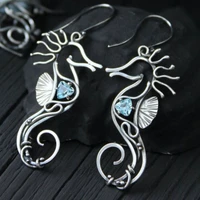 vintage silver heart aquamarine hook earrings for women hippocampus animal hollow hook earring fashion party jewelry