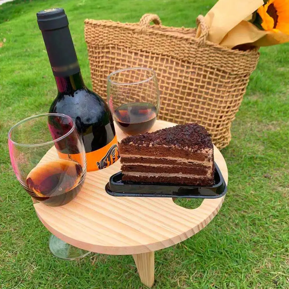 

Hot High Quality Outdoor Portable Wine Table Wooden Folding Round Desk Wine Table Beach Garden Furniture Sets Outdoor Wine Table