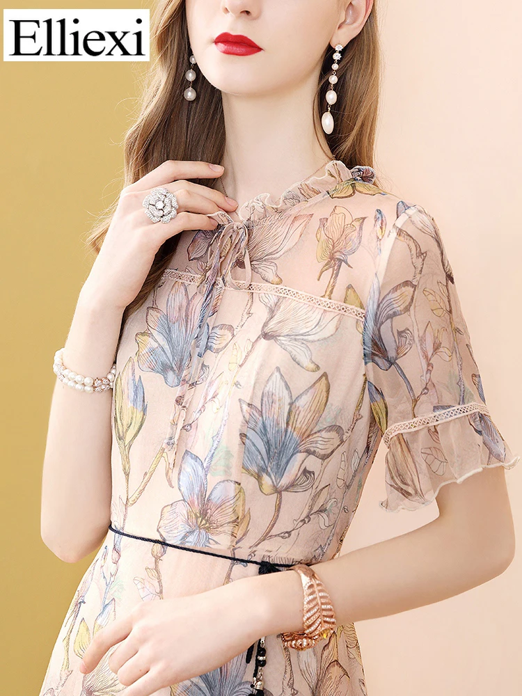 

Elliexi Summer Printed Women Dress A-line V Neck Knee-Length Dress High Waist Cool Belt Slim Chiffon Rayon Dresses Female