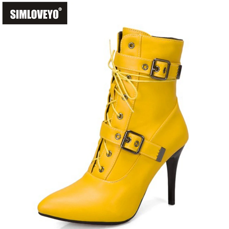 

SIMLOVEYO 2021 Sexy Ladies Mid Calf Boots Zip Lace Up Belt Buckle Thin Heel Short Plush US19 Red Blue Black Yellow White A4508