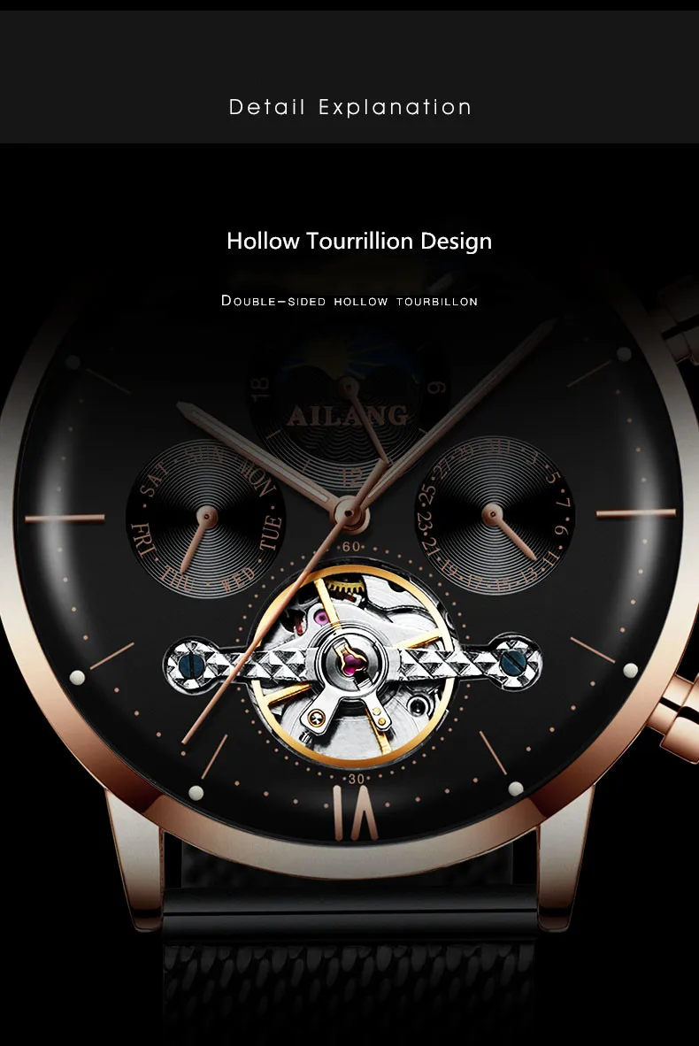 AILANG Relojes часы мужские наручные часы спортивные часы со скелетом 30 м водонепроницаемые автоматические механические часы из нержавеющей стали