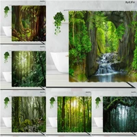 cave green jungle landscape waterproof shower curtain sunshine forest natural scenery home decoration background wall curtains