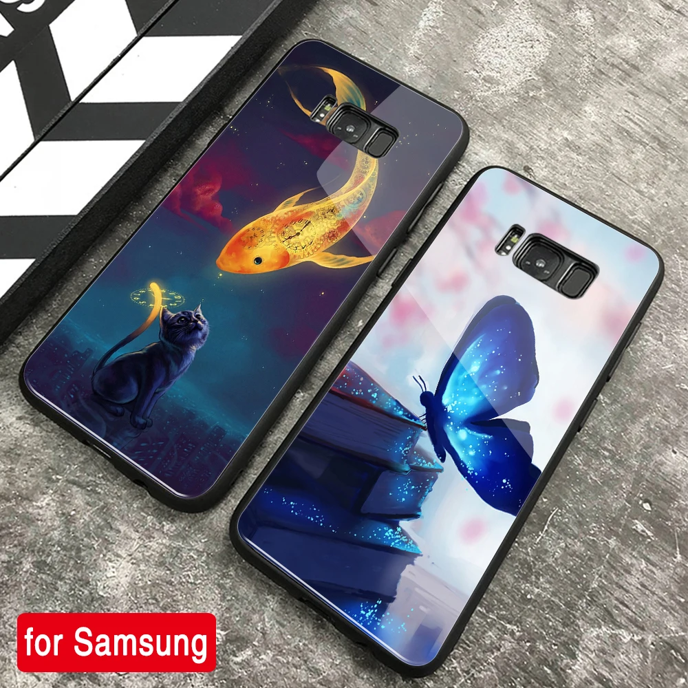 Для Samsung S8 Plus чехол бабочка рыба звезды закаленное стекло крышка для Galaxy Note 8 9 10 20