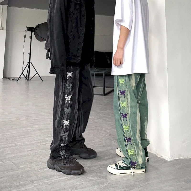 

2021 New Jeans Men Women Korean Retro Gradient Butterfly Embroidery High-waist Loose-washed Straight Punk Wide-leg Vintage Pants