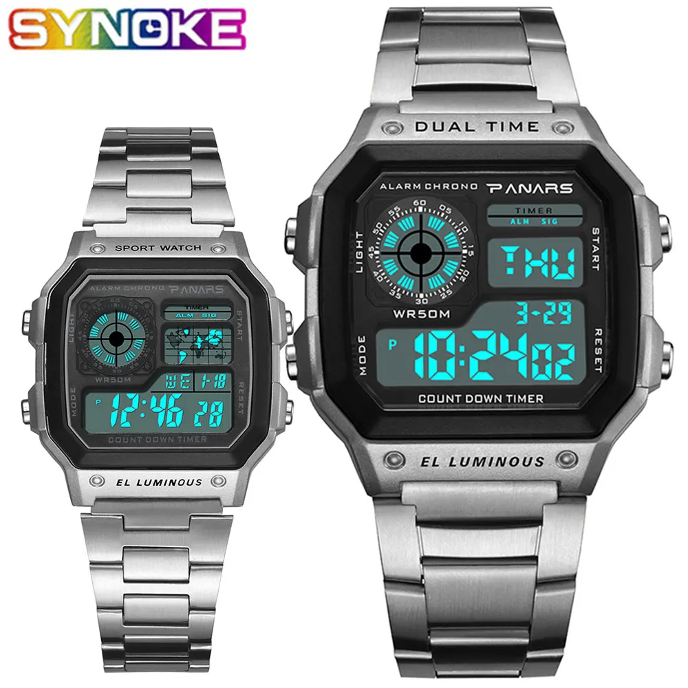 SYNOKE, мужские часы, спортивные, цифровые часы, отсчет, водонепроницаемые, часы из нержавеющей стали, деловые, наручные часы, мужские, цифровые часы, часы